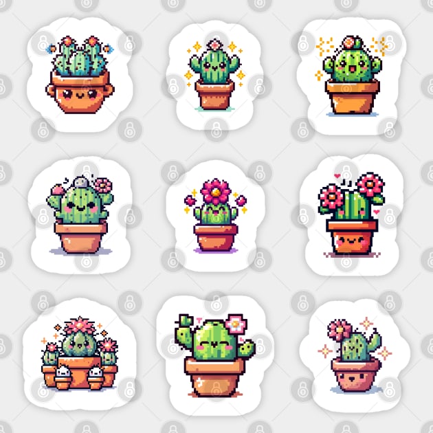 Cacti planted in pots, Plant decoration,Succulent Sticker by Kawaii-PixelArt